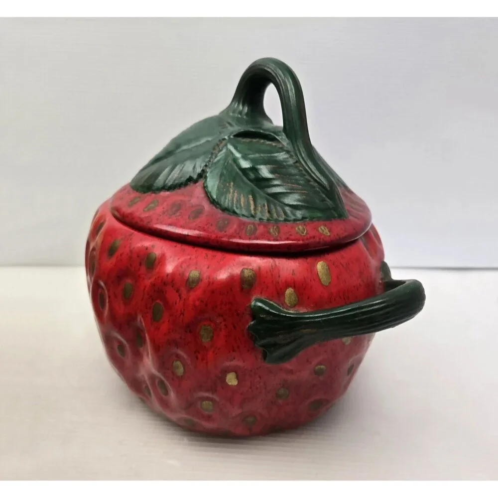 Vintage 1970s Ceramic Strawberry  Serving Bowl Cookie Jar w/ Lid 11